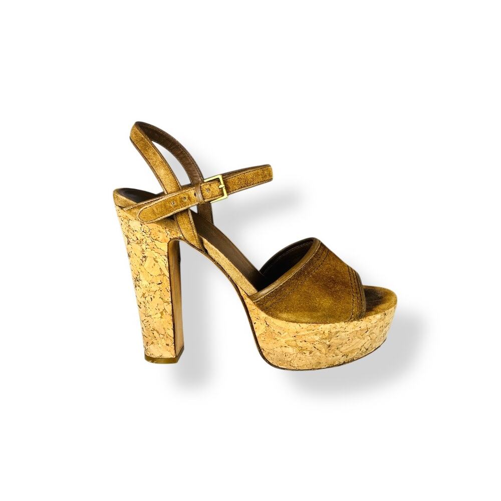 Gucci Danielle Suede Cork Platform Sandals Tobacco Brown Frida Giannini 37
